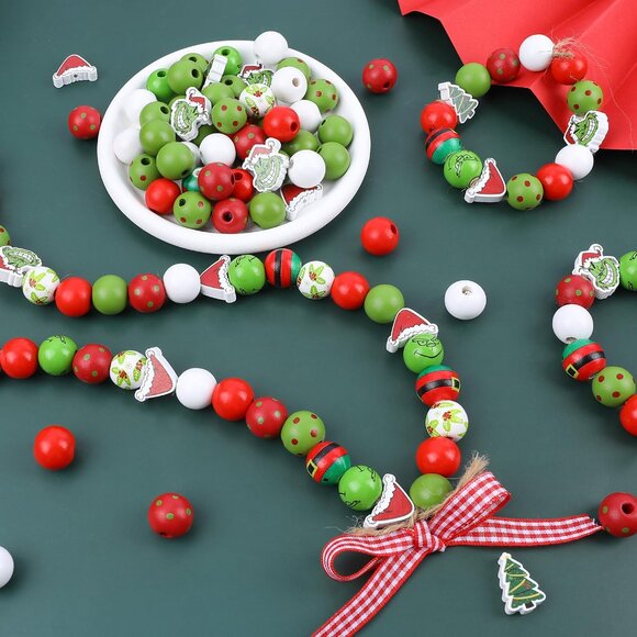 232Pcs Christmas Wooden Beads with Jute Twine Red Green round Craft Beads, NEW - Picture 5 of 5